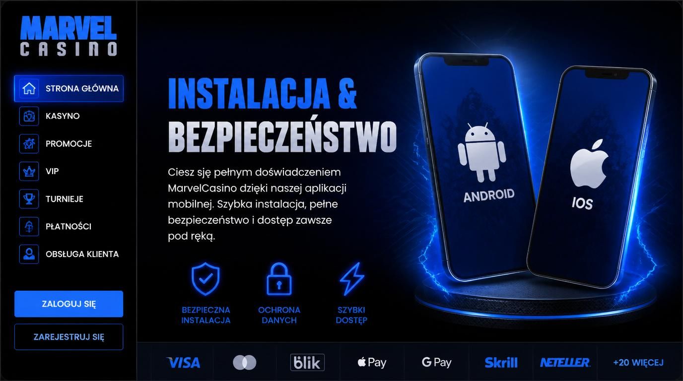 Interfejs aplikacji pokazujący ekran instalacji dla Androida i iOS na tle kłódek bezpieczeństwa